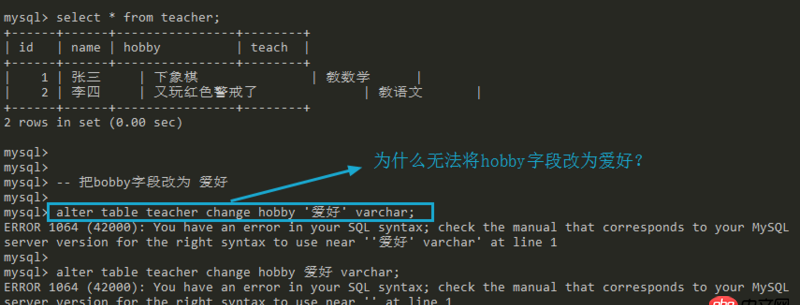 MySQL中無法修改字段名的疑問