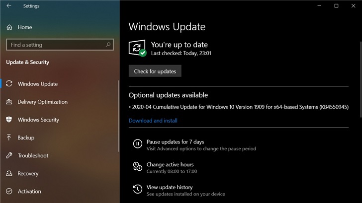 win10 1909更新補丁KB4550945可選推送 修復大量漏洞