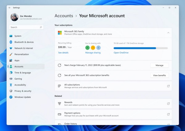 Win11KB5008353更了賬戶支持全新管理訂閱功能