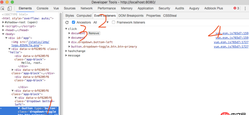javascript - 如何在瀏覽器如chrome中審查元素時查看某個元素綁定的Vue方法？