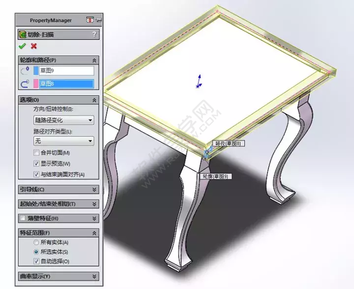 solidWorks建模練習拉伸切除一張桌子