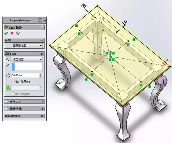 solidWorks建模練習拉伸切除一張桌子