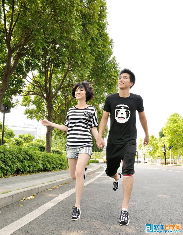 Photoshop給馬路上的情侶圖片加上紫色霞光