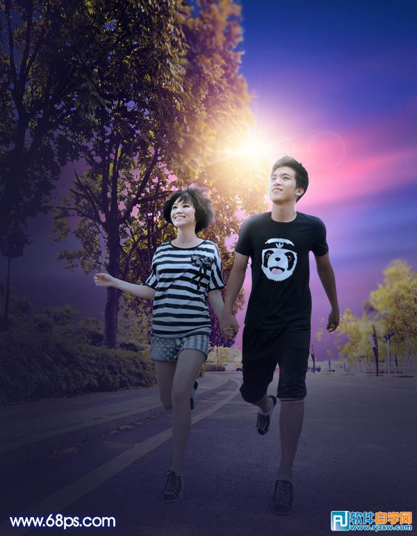 Photoshop給馬路上的情侶圖片加上紫色霞光