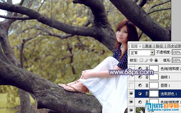 PS給大樹上美女增加秋季晨曦效果